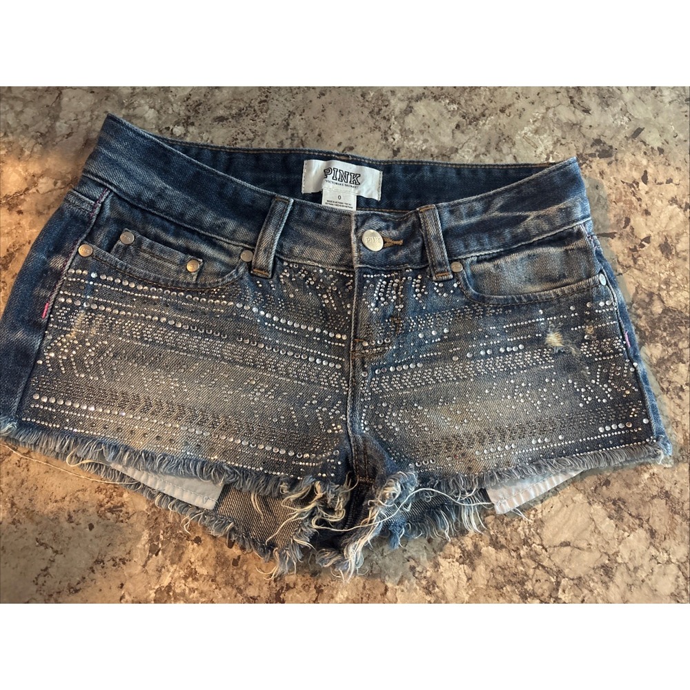 PINK Victoria's Secret Jean‎ Booty Shorts Rhinestone Bling Low Rise Sz 0 Y2K